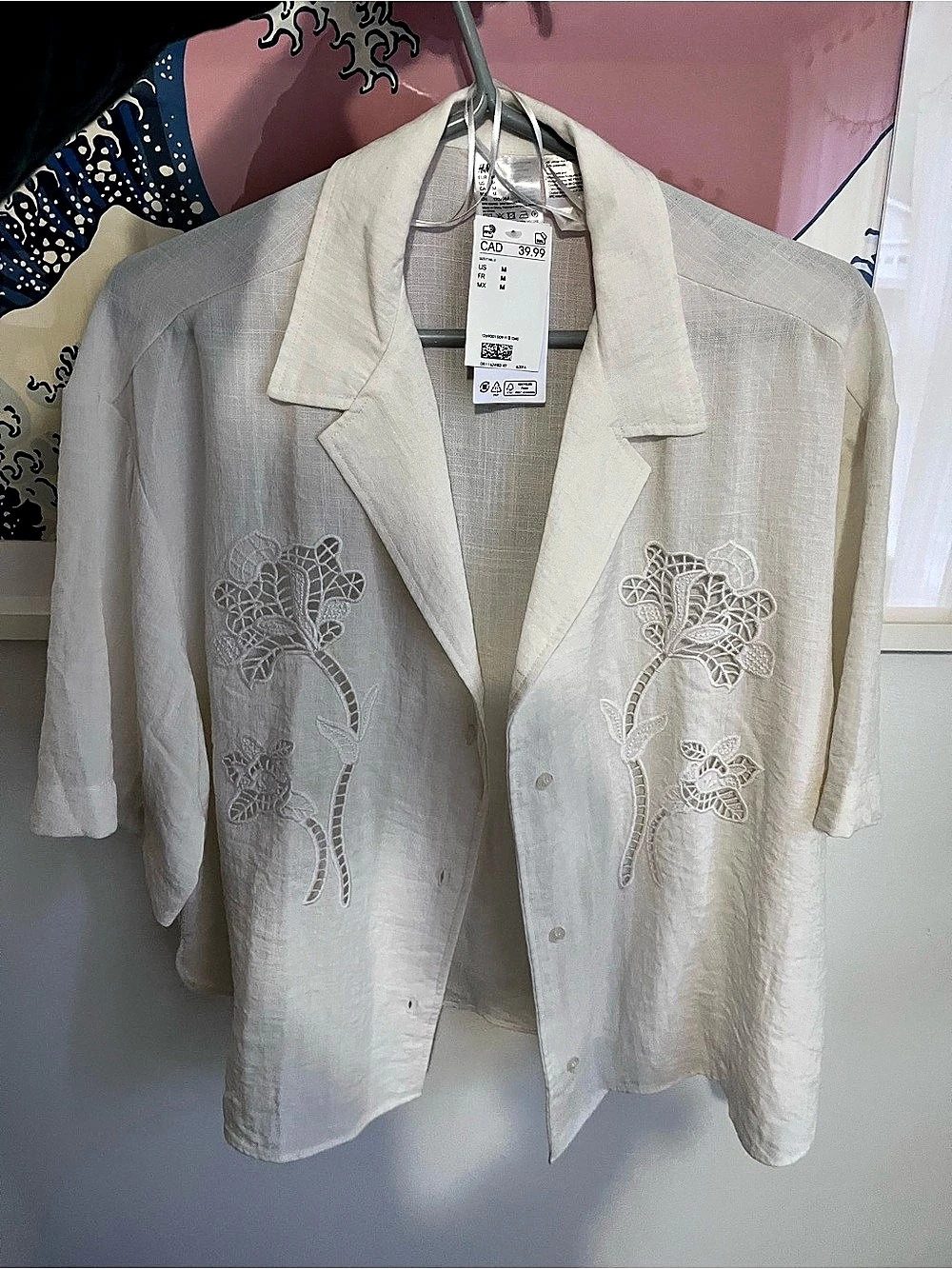 H&M Embroidered Linen Button Down in White Size Medium NWT - flowy/bit oversized
